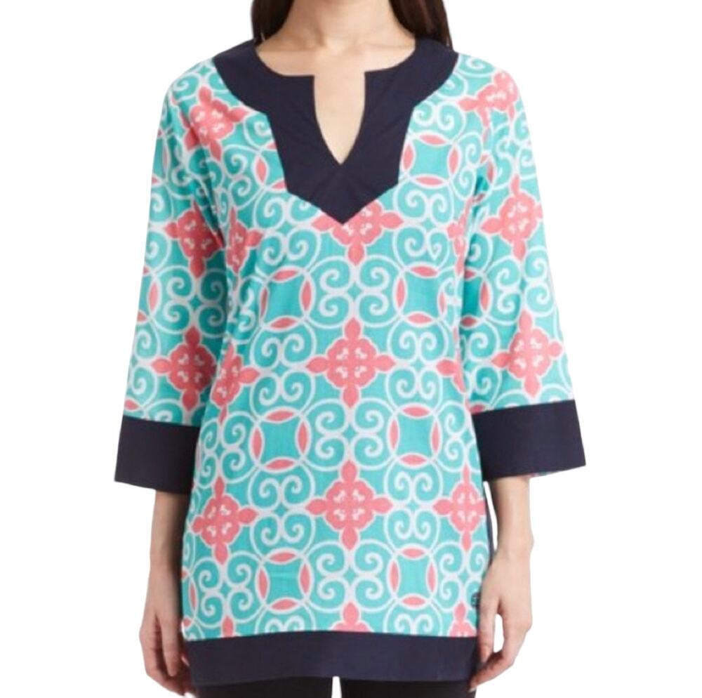 Simply Southern Womens New aqua pink navy tunic Size small